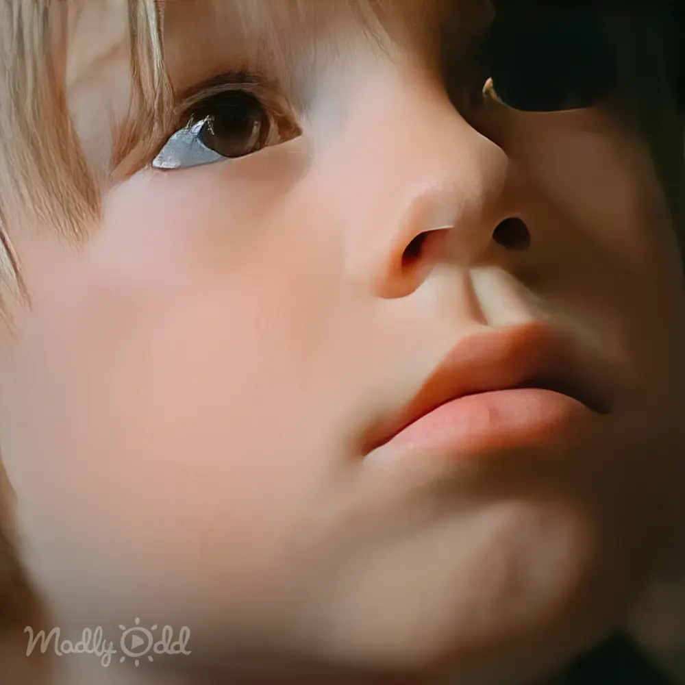 Marine's Toys For Tots Commercial from 1997. Close up of boy looking up at marine.