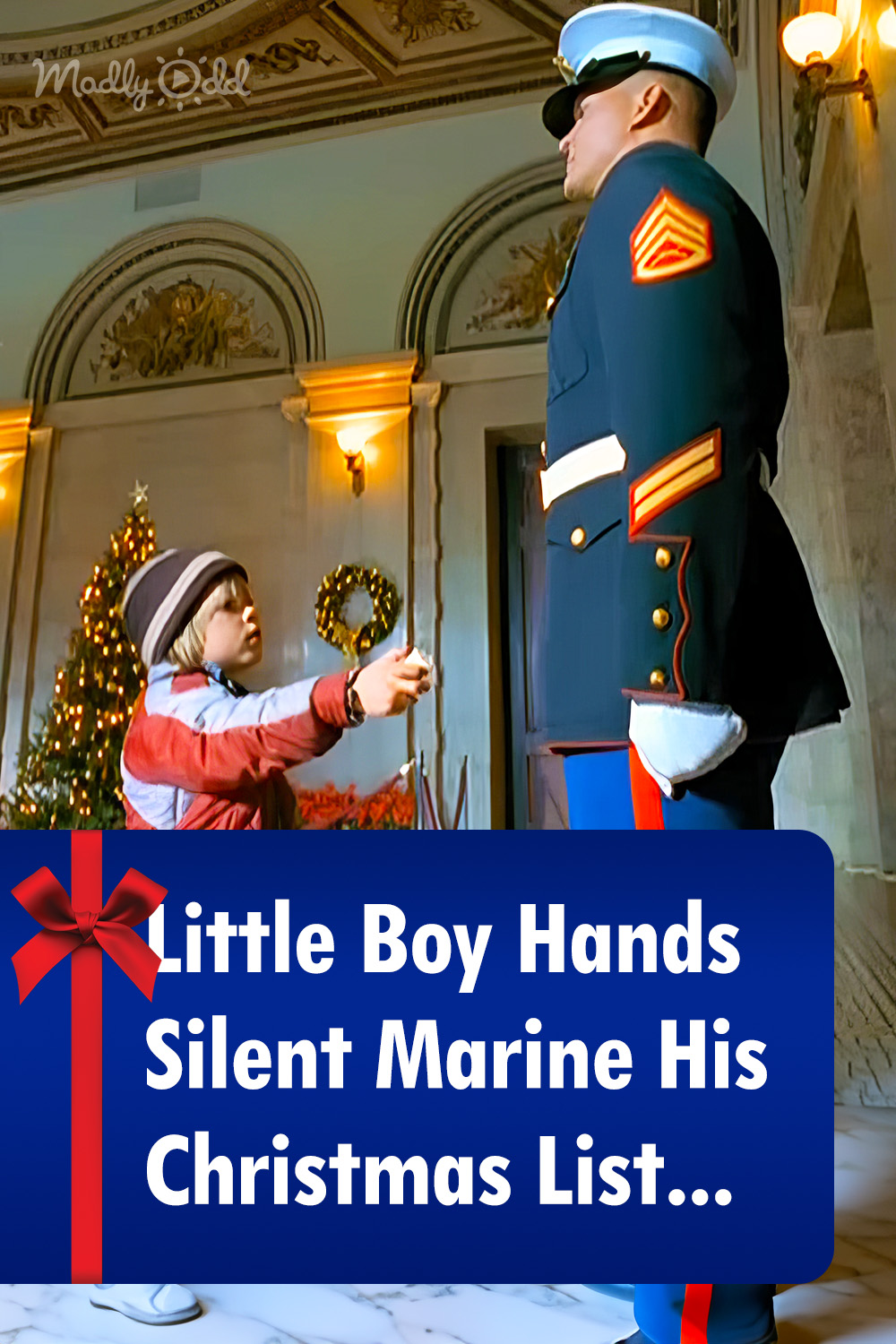 Little Boy Hands Silent Marine His Christmas List. Now Pay Attention to That Marine\'s Left Hand