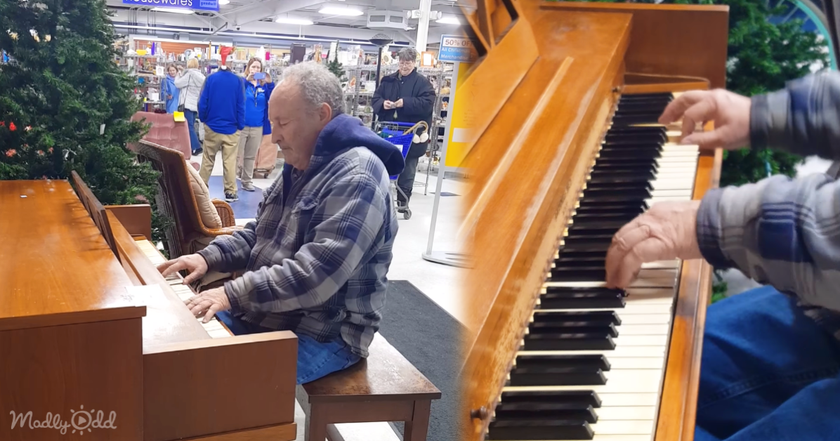 man plays piano at Goodwill during Christmas