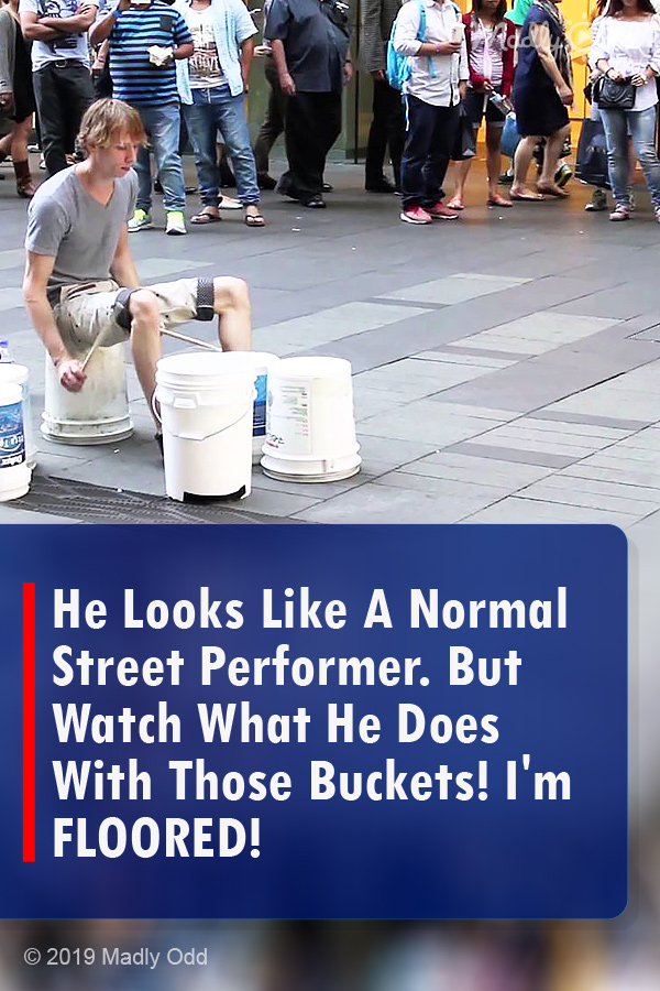 He Looks Like A Normal Street Performer. But Watch What He Does With Those Buckets! I\'m FLOORED!