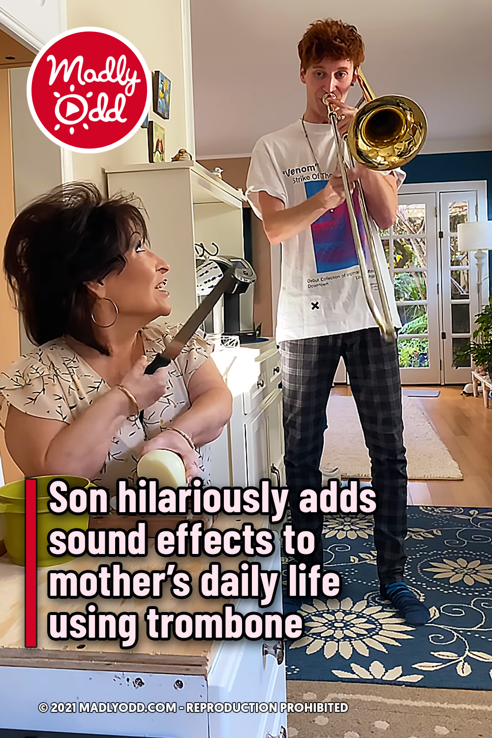 Son hilariously adds sound effects to mother’s daily life using trombone