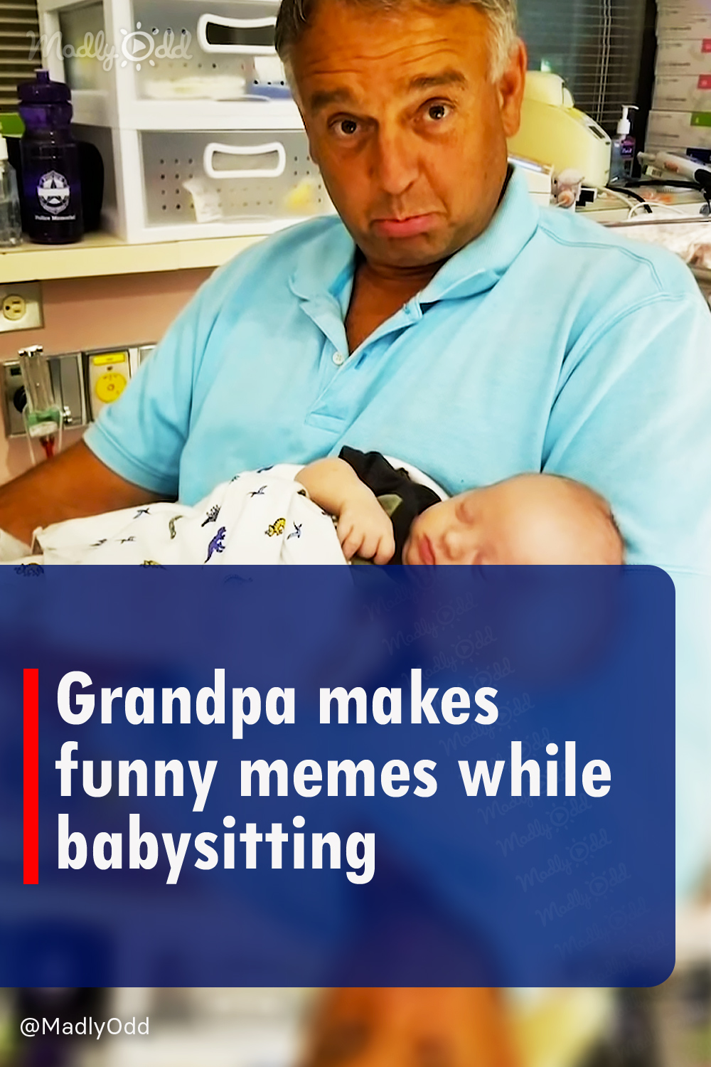 Grandpa makes funny memes while babysitting