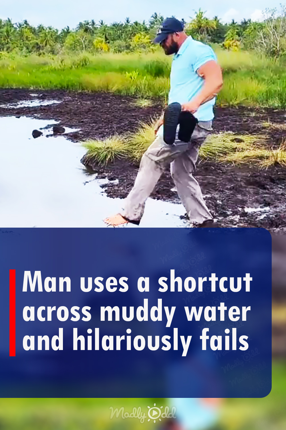 Man uses a shortcut across muddy water and hilariously fails
