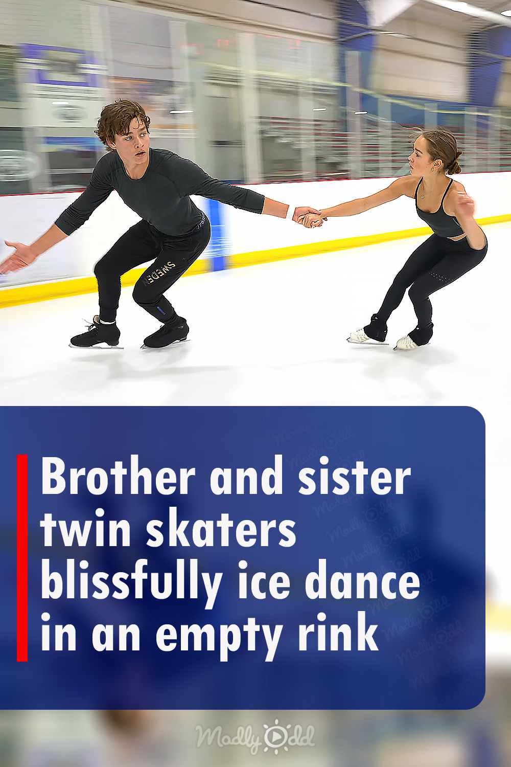 Brother and sister twin skaters blissfully ice dance in an empty rink