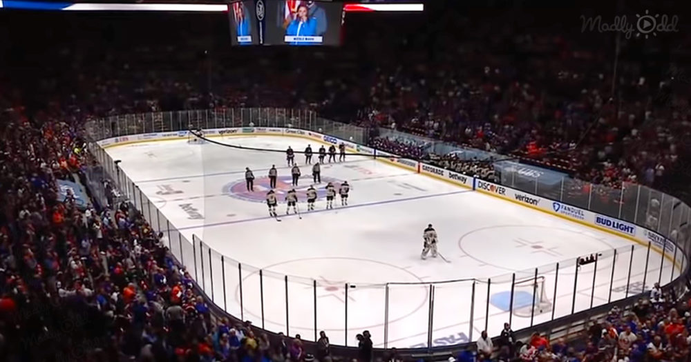 hockey fans singing US National Anthem
