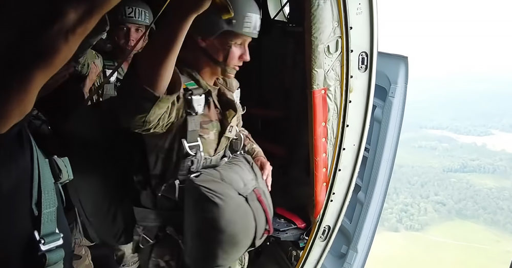 Soldiers jumping out of a plane