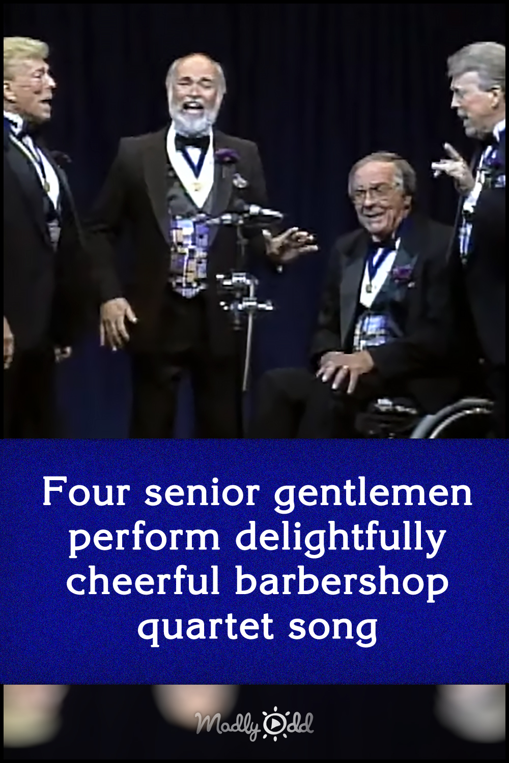 Four senior gentlemen perform delightfully cheerful barbershop quartet song