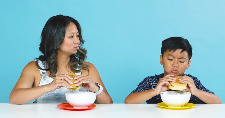 Kid tasting mom's childhood meals