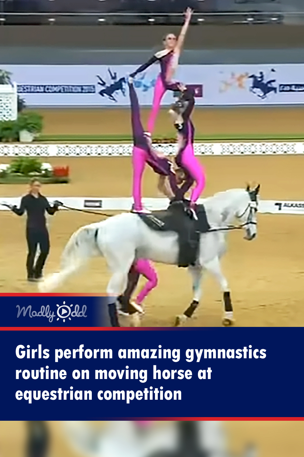 Girls perform amazing gymnastics routine on moving horse at equestrian competition