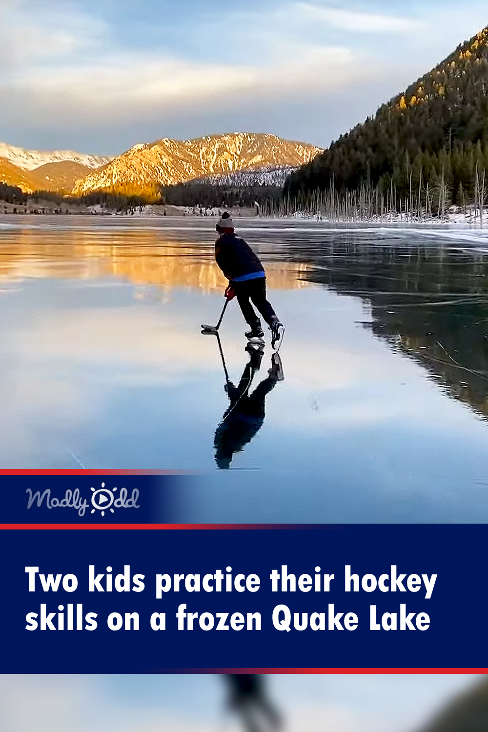 Two kids practice their hockey skills on a frozen Quake Lake