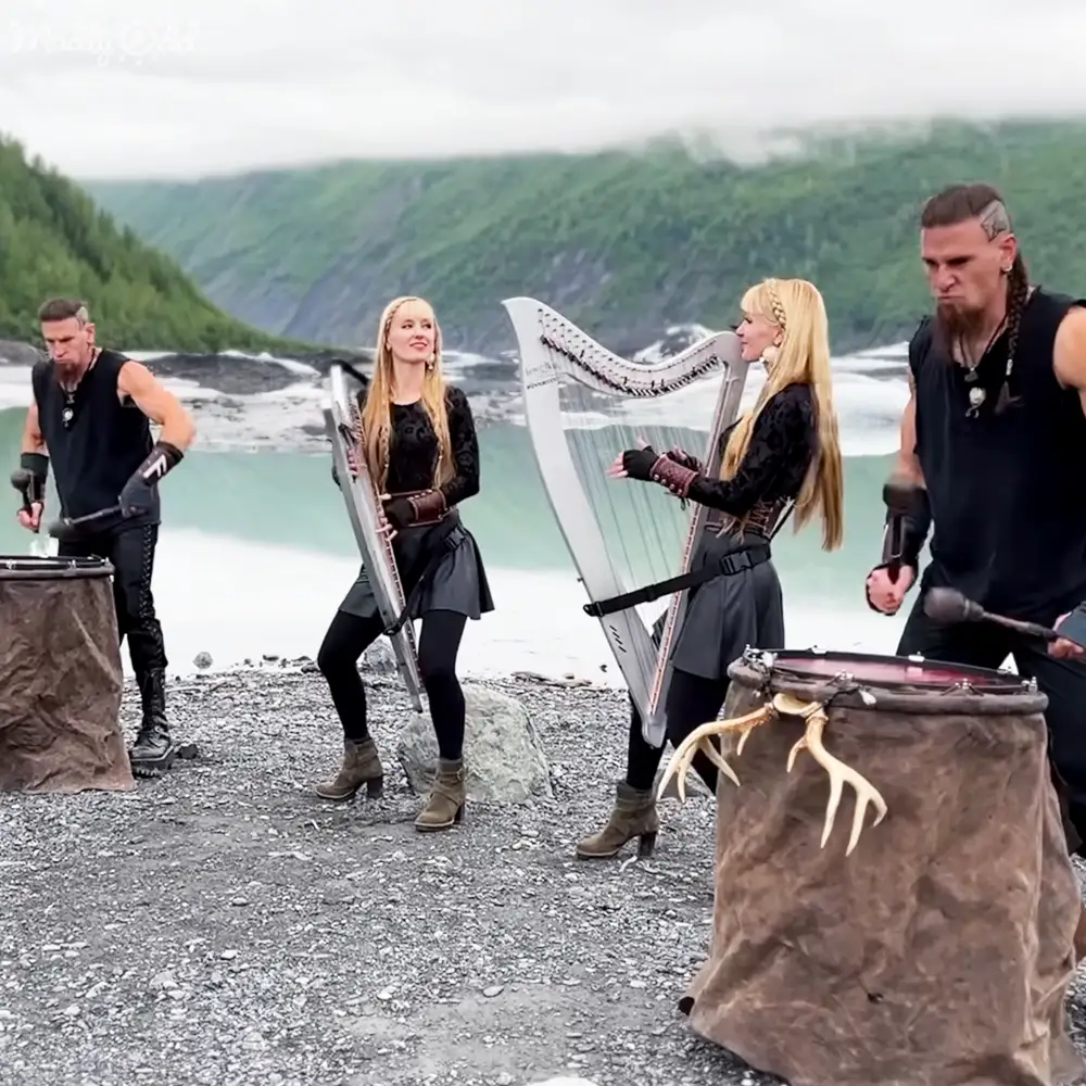 Viking twins playing harp and drums