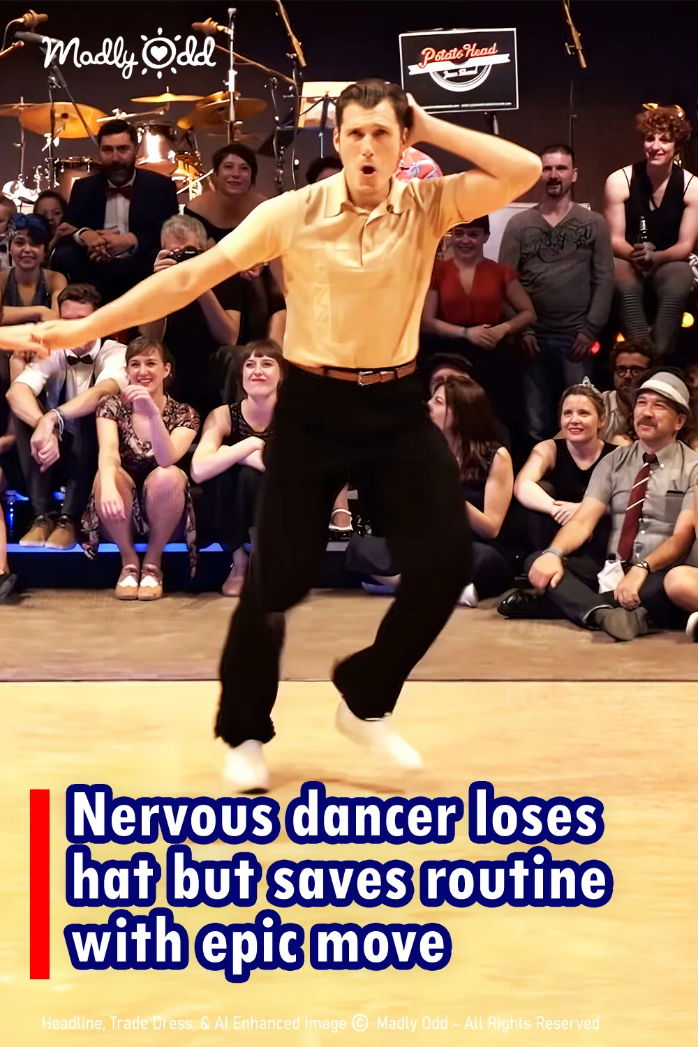 Nervous dancer loses his hat, but saves routine with an epic move