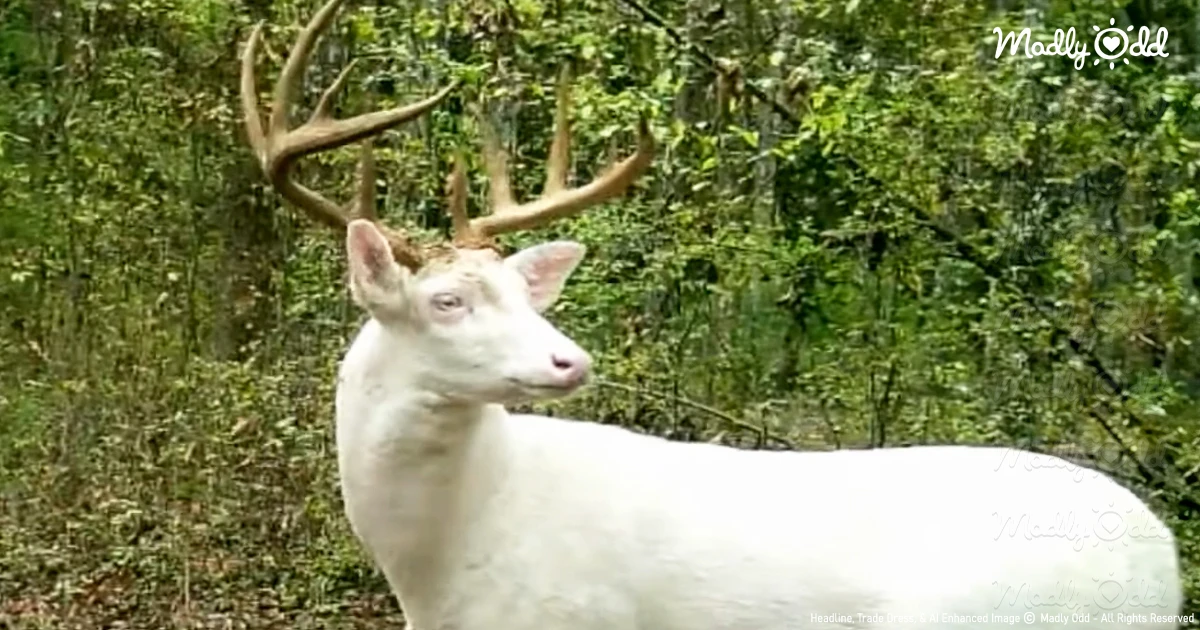 Mysterious white deer with antlers in the forrest.