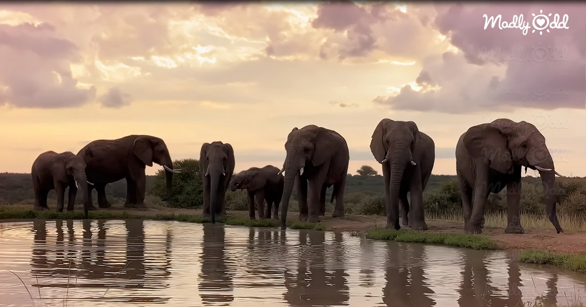 Elephant herd at sunset by a watering hole