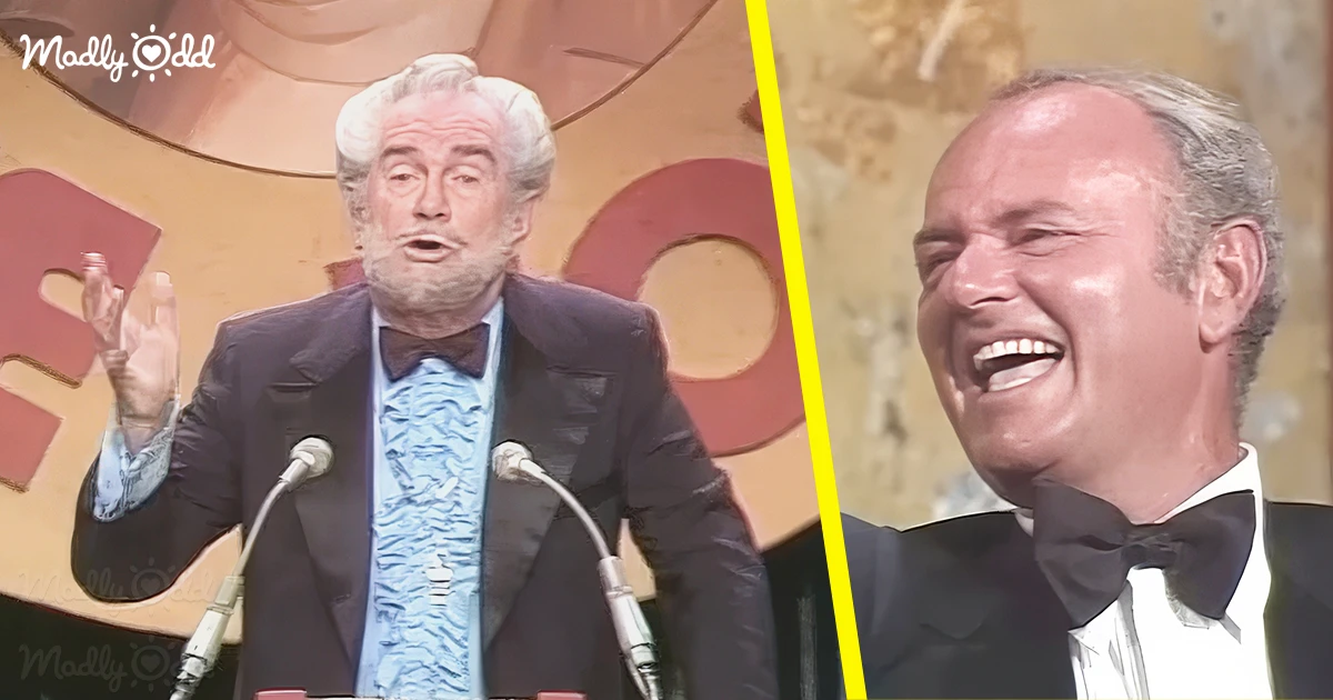 Fosterbrooks with Harvey Korman at a comedy roast, Harvey is laughing out loud.