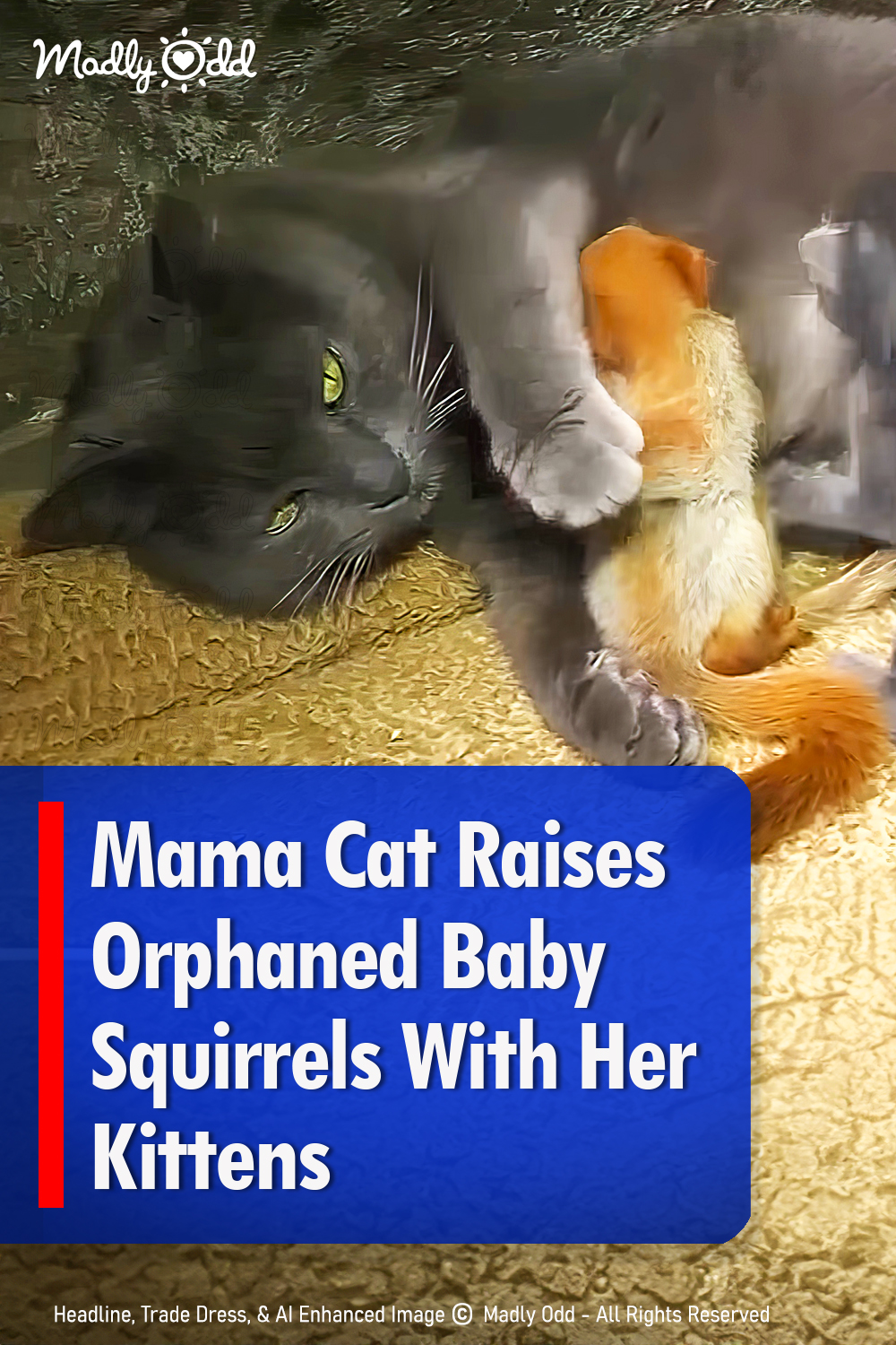Mama cat raises orphaned baby squirrels with her kittens