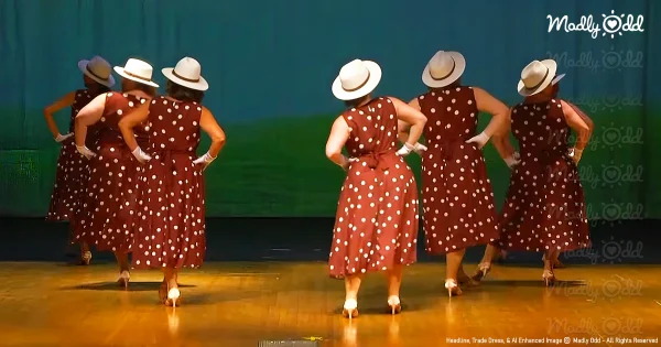 7 women in polkadot dresses dancing to Pretty Women song