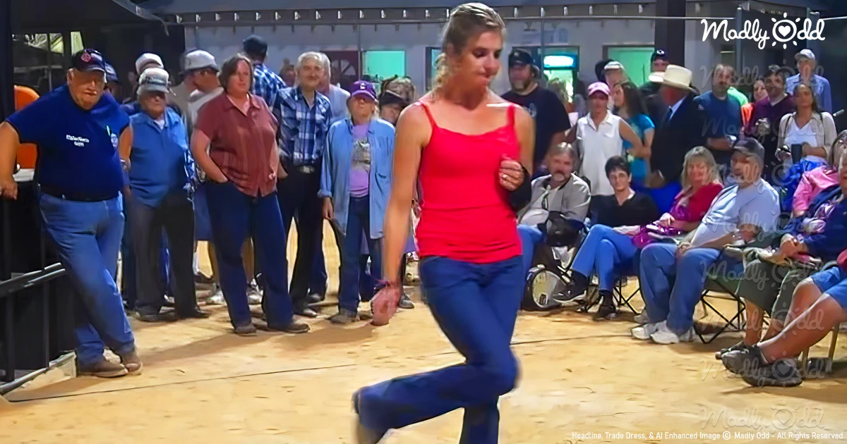 Woman in red shirt and jeans wows crowd with incredible flatfoot dance moves